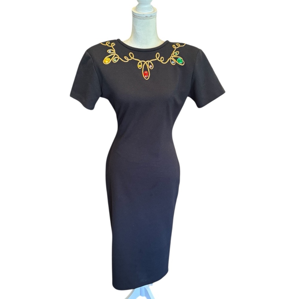 Gina Brooks Vintage Black Bejeweled Deep V-Back Dress 9/10